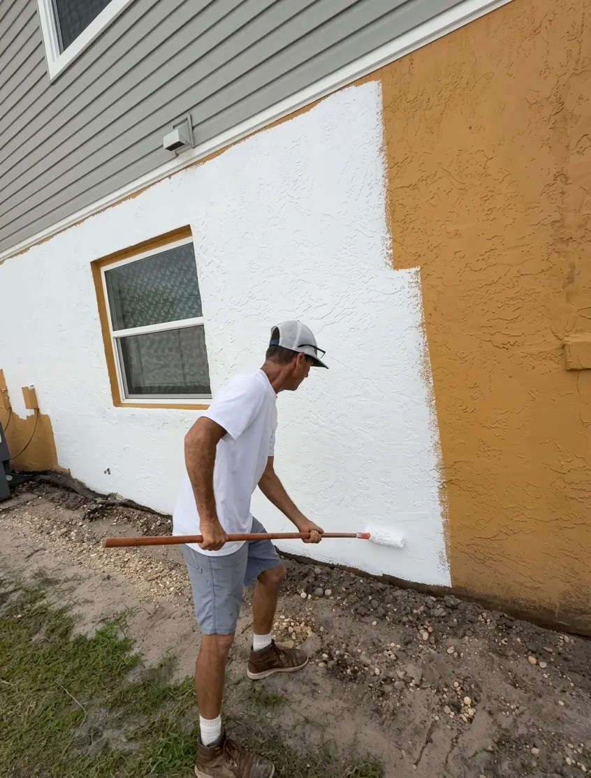 CCA crew member applying premium exterior paint on a Brevard County Florida home