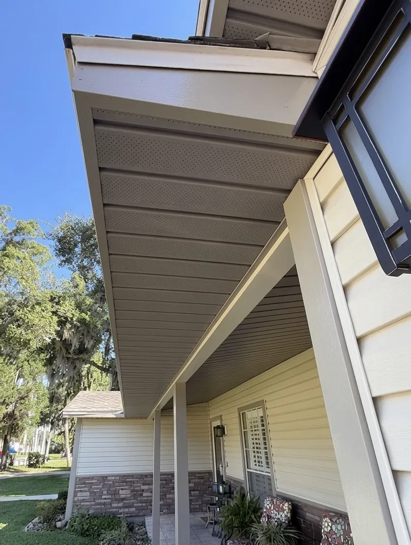 Freshly installed vinyl soffit and aluminum fascia on a Brevard County Florida home